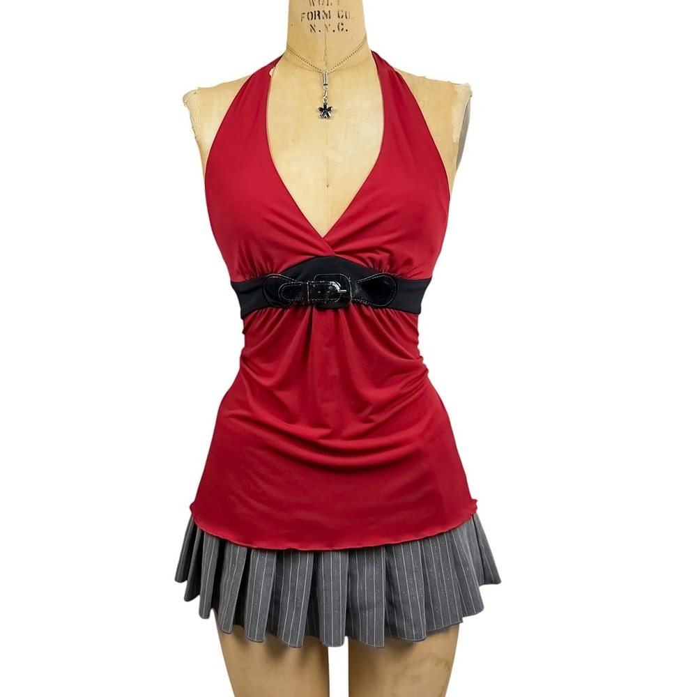 Candies V Neck Halter Top Belted Waist Open Back Clubwear Party 2000s Mall Goth